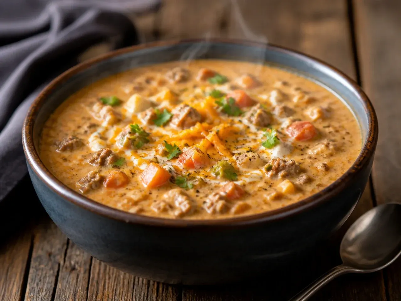 Smoky chipotle cheeseburger soup crockpot with pepper jack cheese