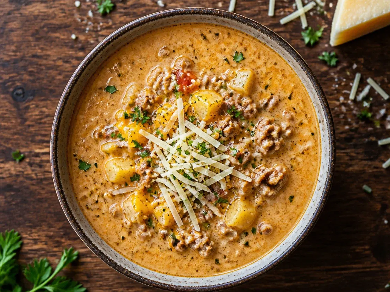 Easy ground turkey cheeseburger soup crockpot in a bowl