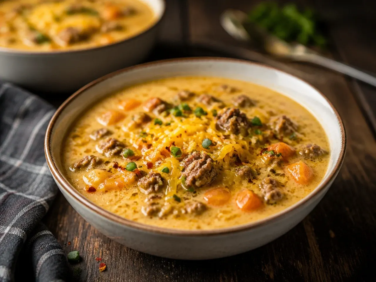 Hearty beer cheese cheeseburger soup crockpot with sharp cheddar