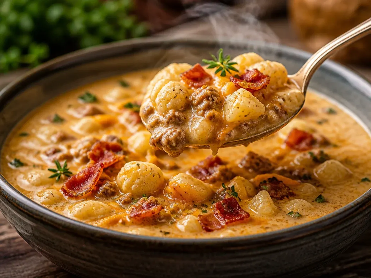 Cozy cauliflower low-carb cheeseburger soup crockpot in a bowl