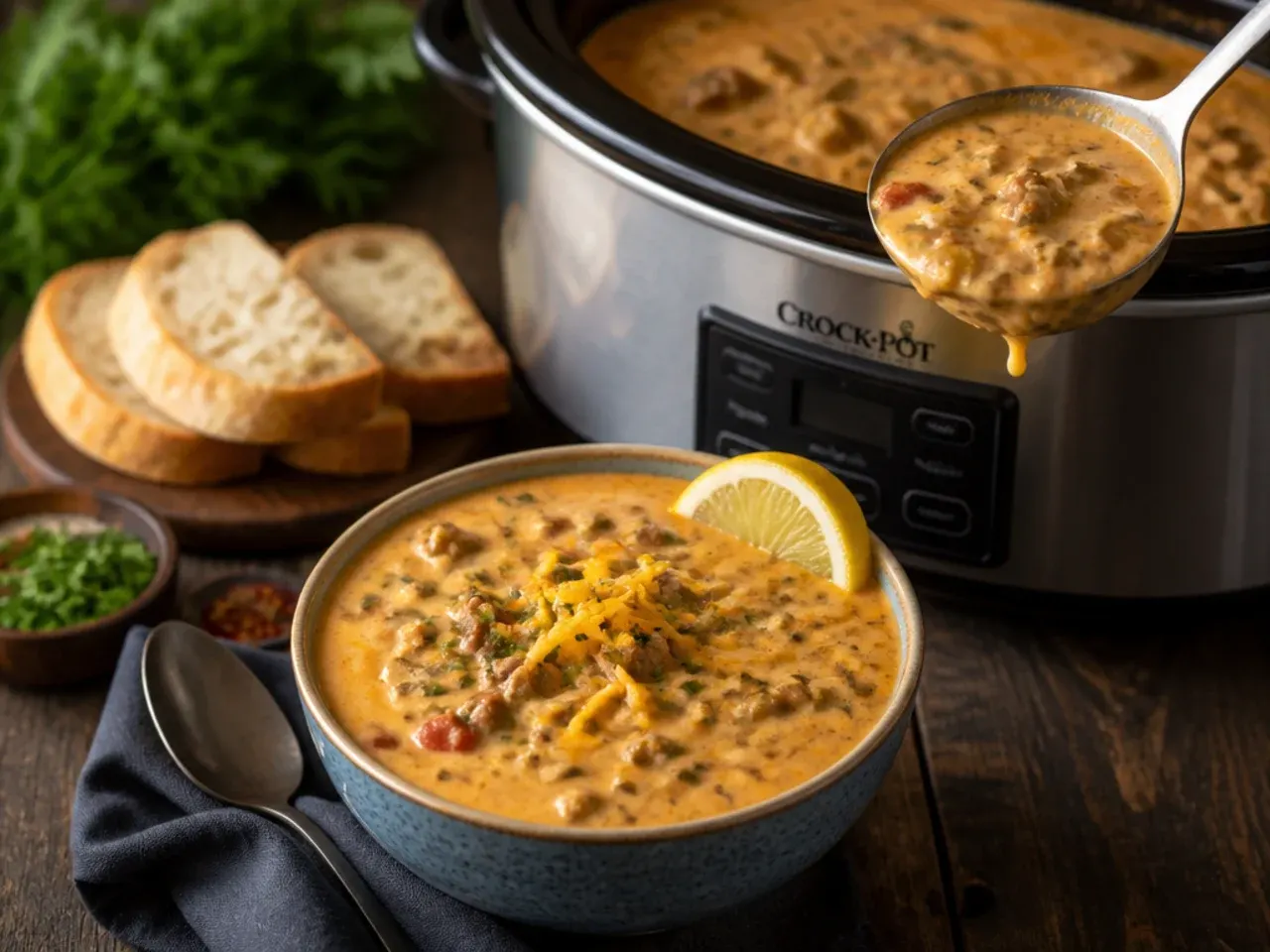 Creamy cream cheese cheeseburger soup crockpot with a thick, chowder-like finish