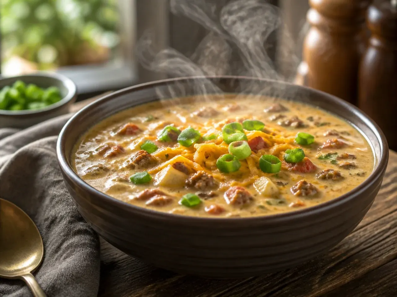 Simple gluten-free cheeseburger soup crockpot thickened with cornflour