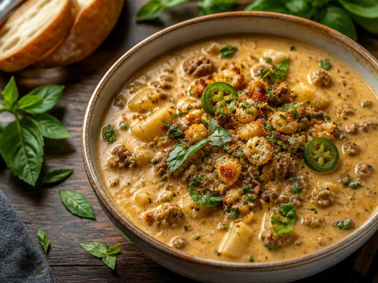 Cheesy pepper jack jalapeño cheeseburger soup crockpot topped with fresh chilli