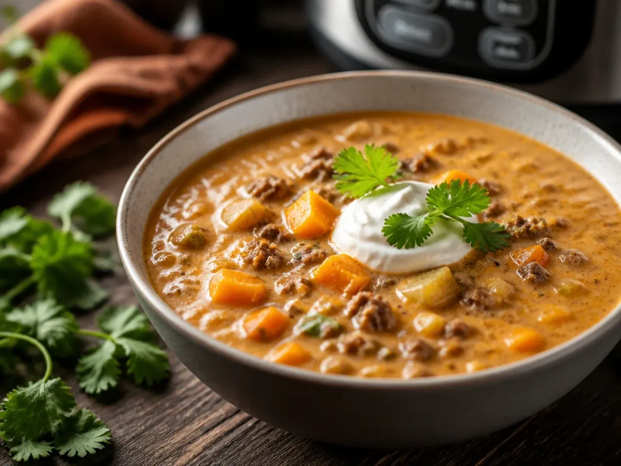 Comforting sweet potato cheeseburger soup crockpot in a rustic bowl