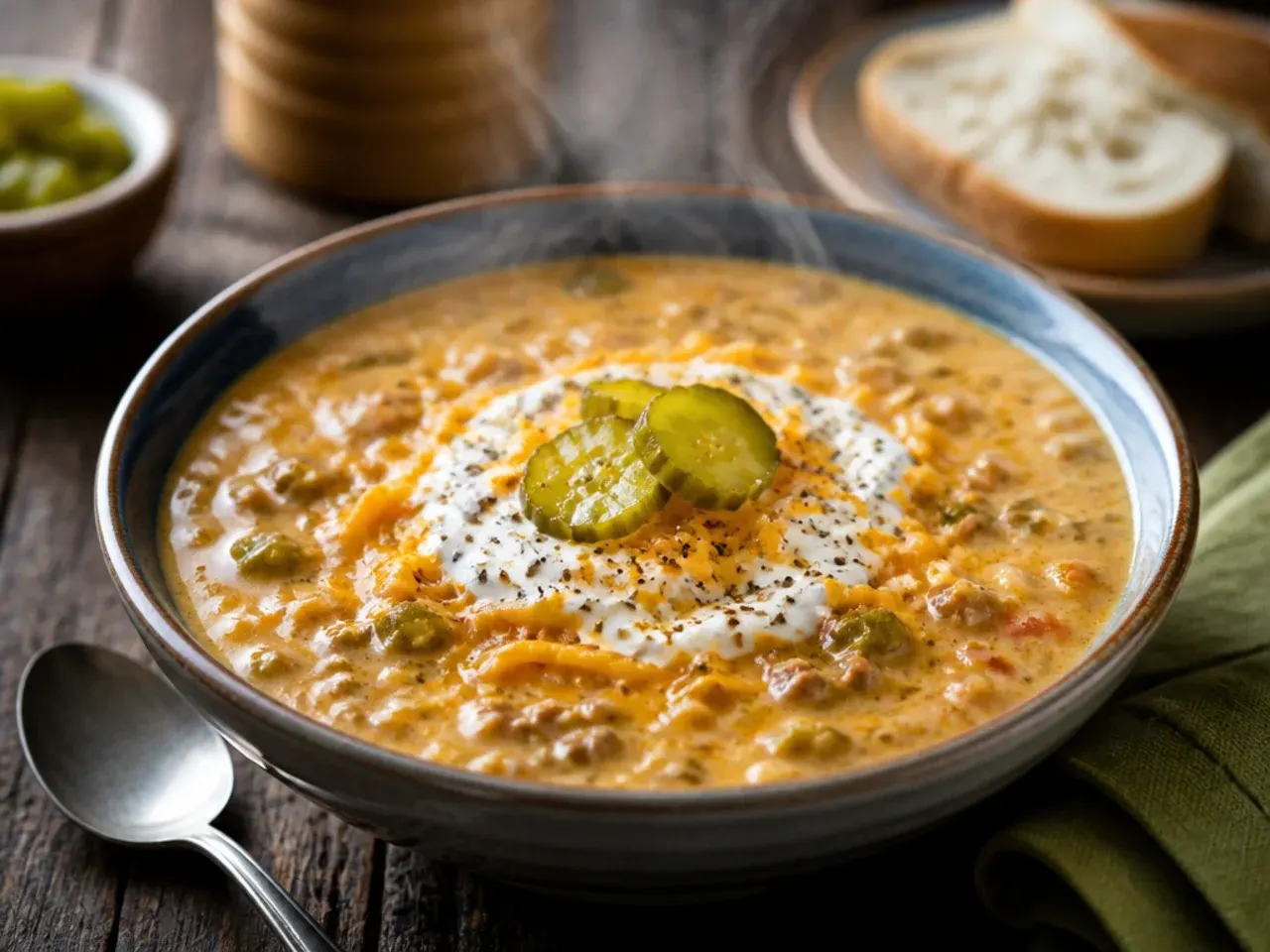 Budget pantry-staple cheeseburger soup crockpot made from freezer and tinned ingredients