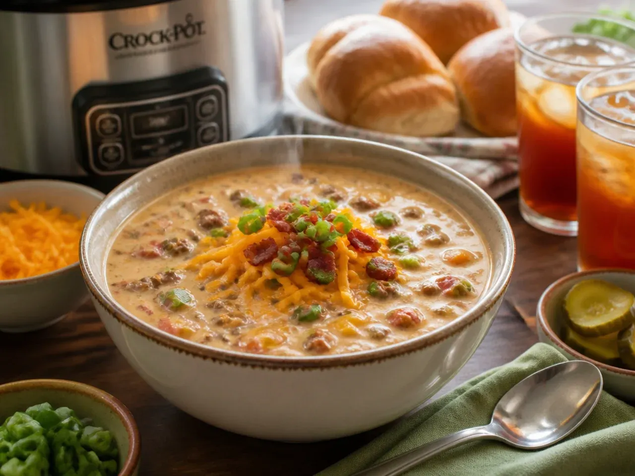 Bowl of cheeseburger soup crockpot served with crusty bread and toppings