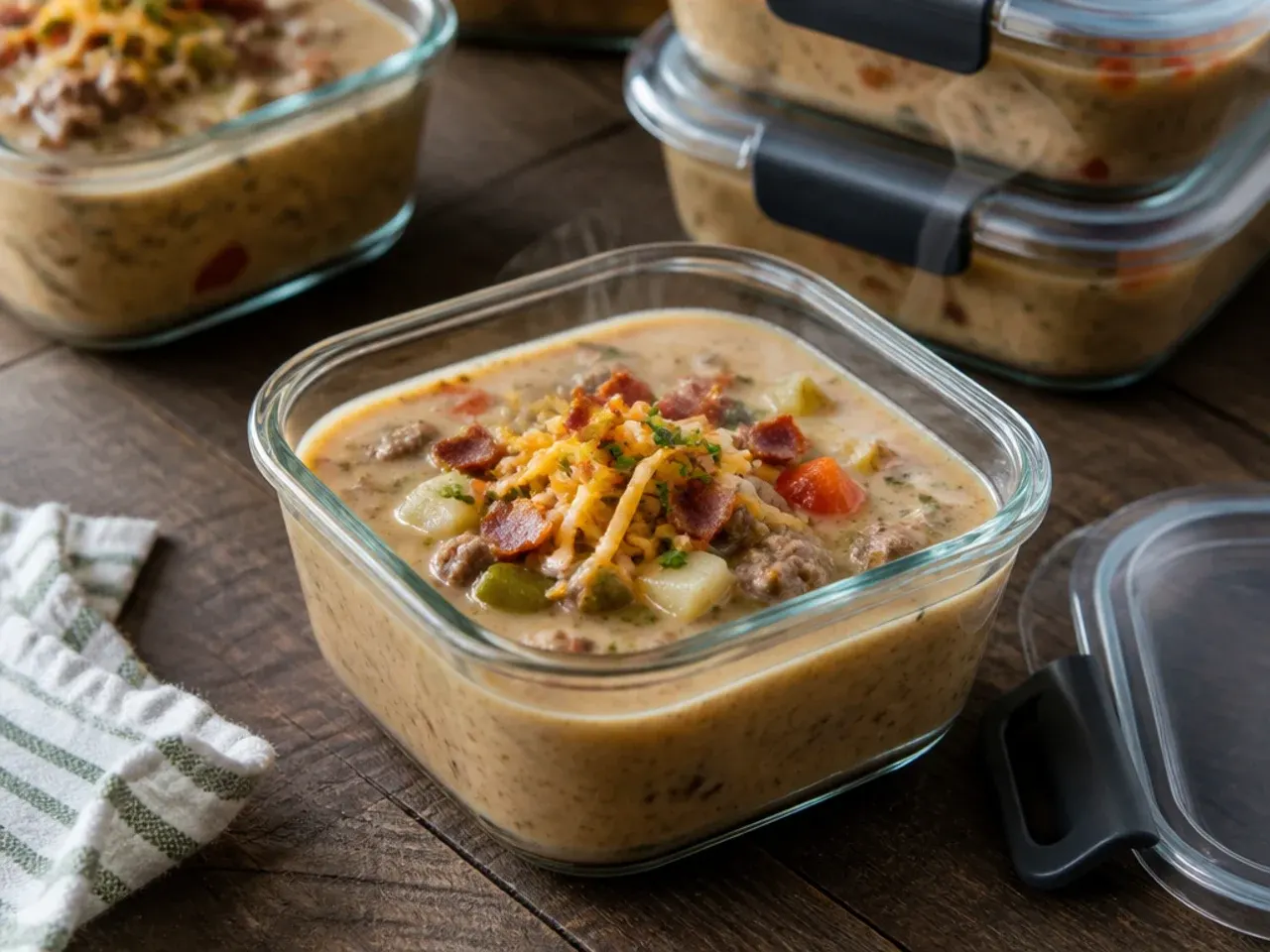Airtight container of leftover cheeseburger soup crockpot ready for the fridge