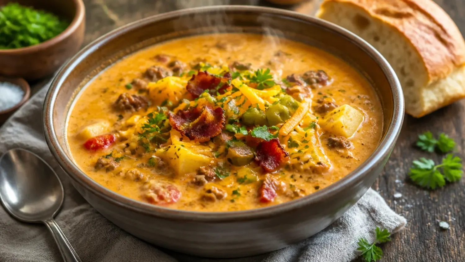 A steaming bowl of creamy cheeseburger soup topped with shredded cheese, crispy bacon bits, and chopped pickles