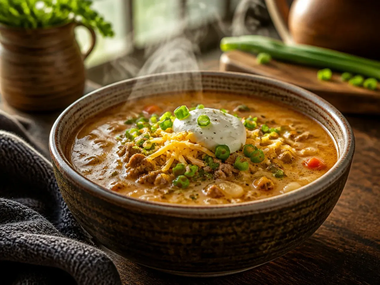 A dollop of sour cream being stirred into finished cheeseburger soup