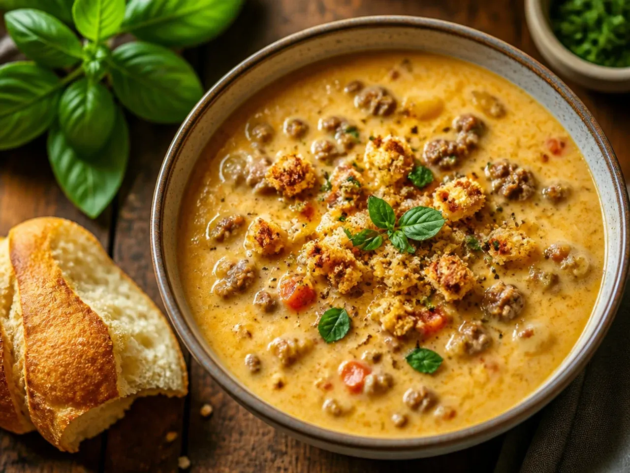 A block of cheese being grated next to a pot of cheeseburger soup