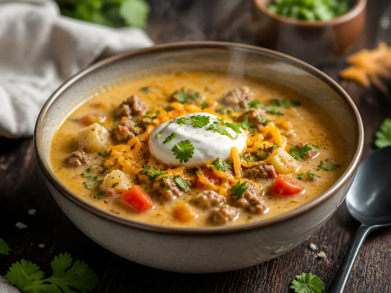 A spoon tasting a bowl of creamy cheeseburger soup