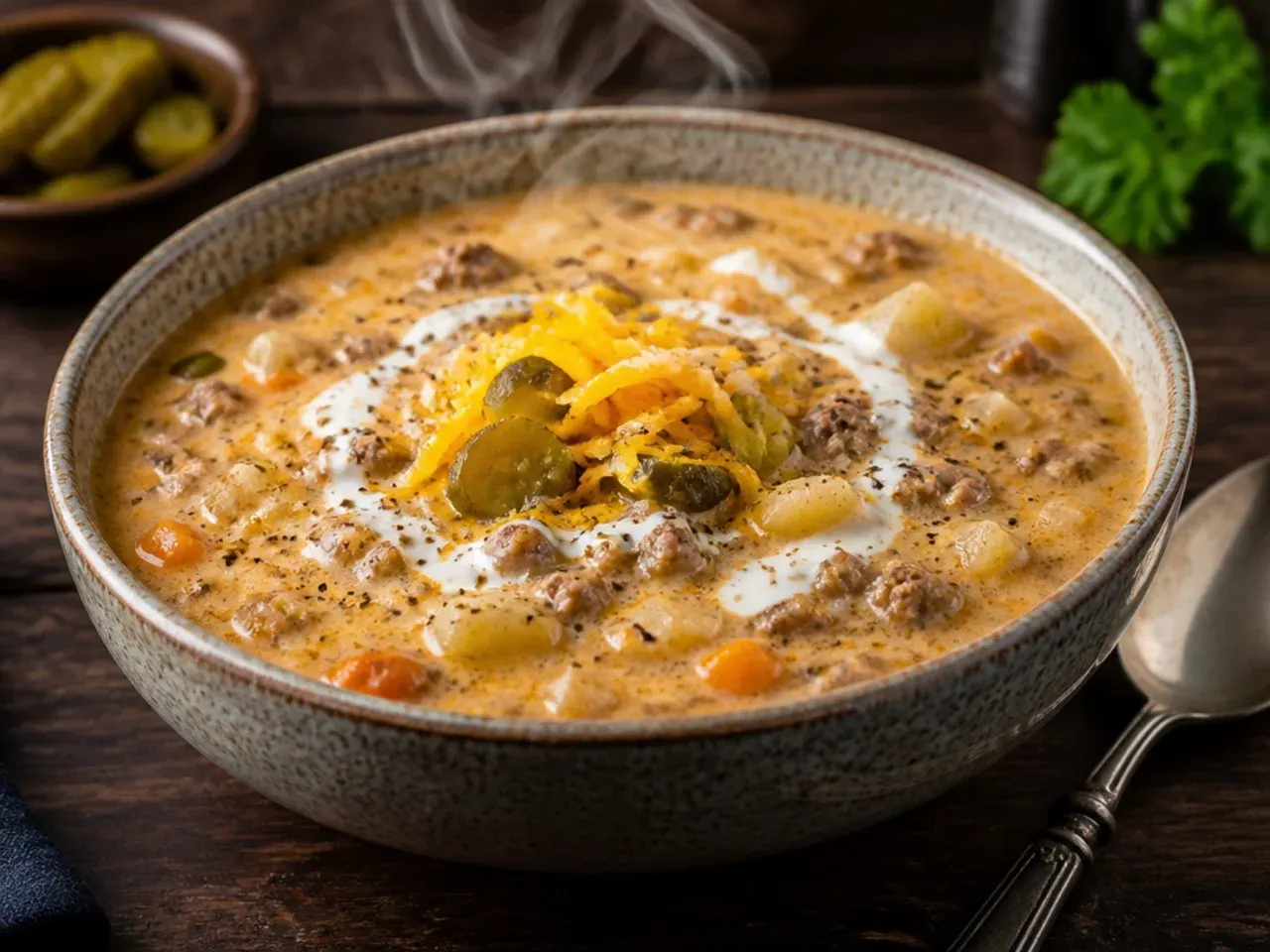 Leftover cheeseburger soup being gently reheated in a saucepan