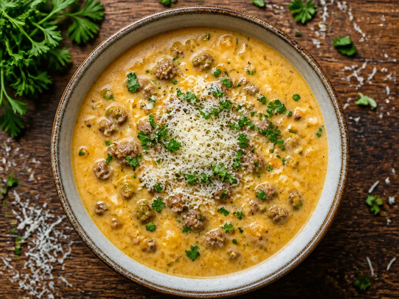A freezer container of cheeseburger soup base without potatoes