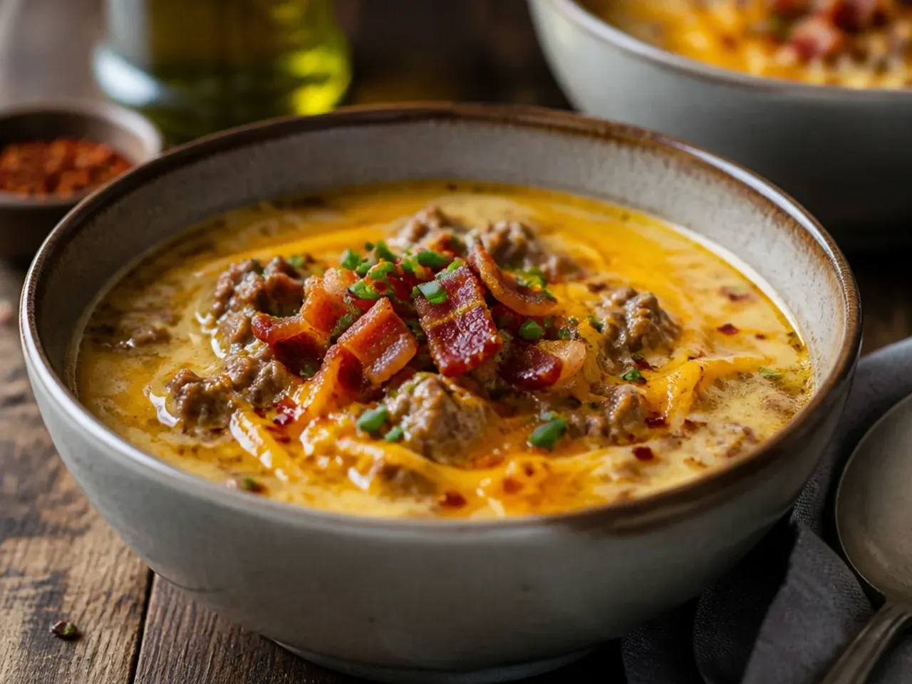 Crispy bacon bits being crumbled over a bowl of cheeseburger soup