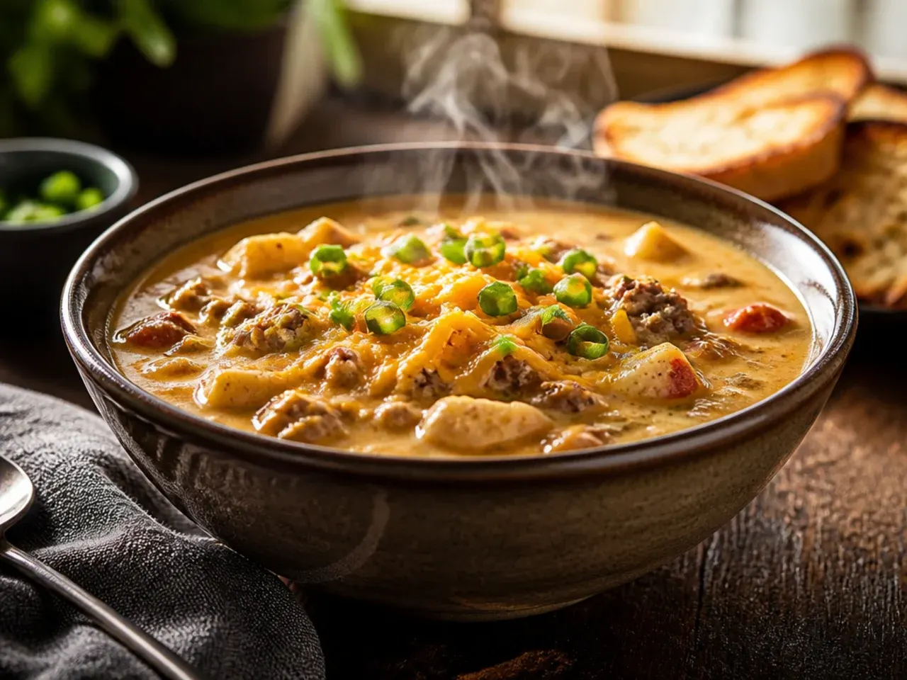 A large stockpot filled with a double batch of cheeseburger soup