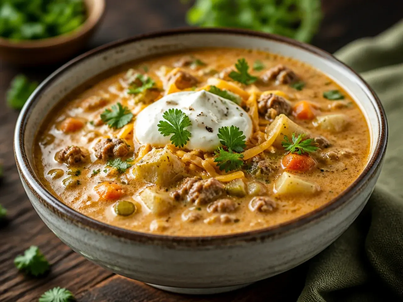 Shredded cheddar cheese being added to a pot of soup as a substitute