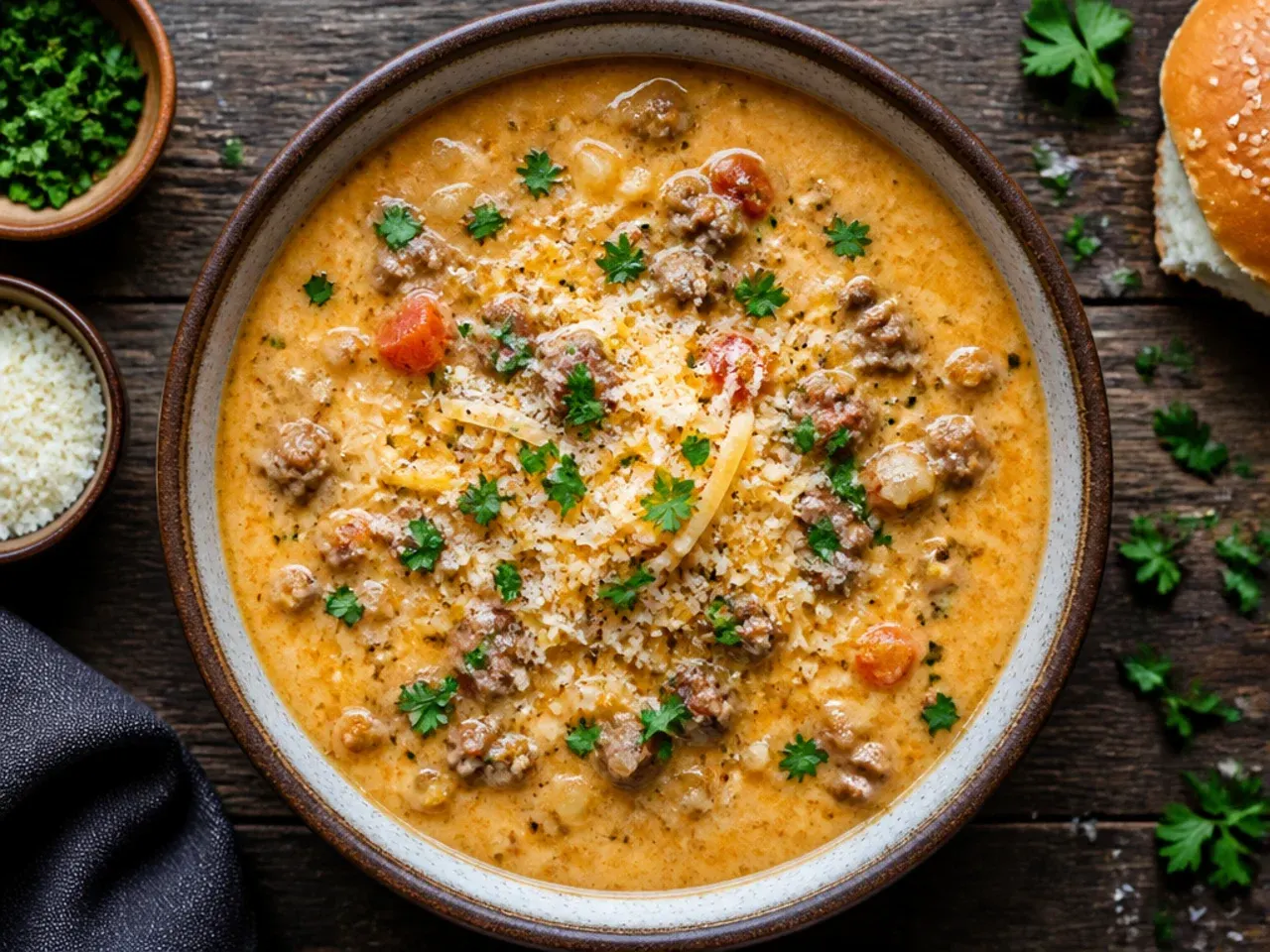 Warm milk being poured into a pot of thick cheeseburger soup