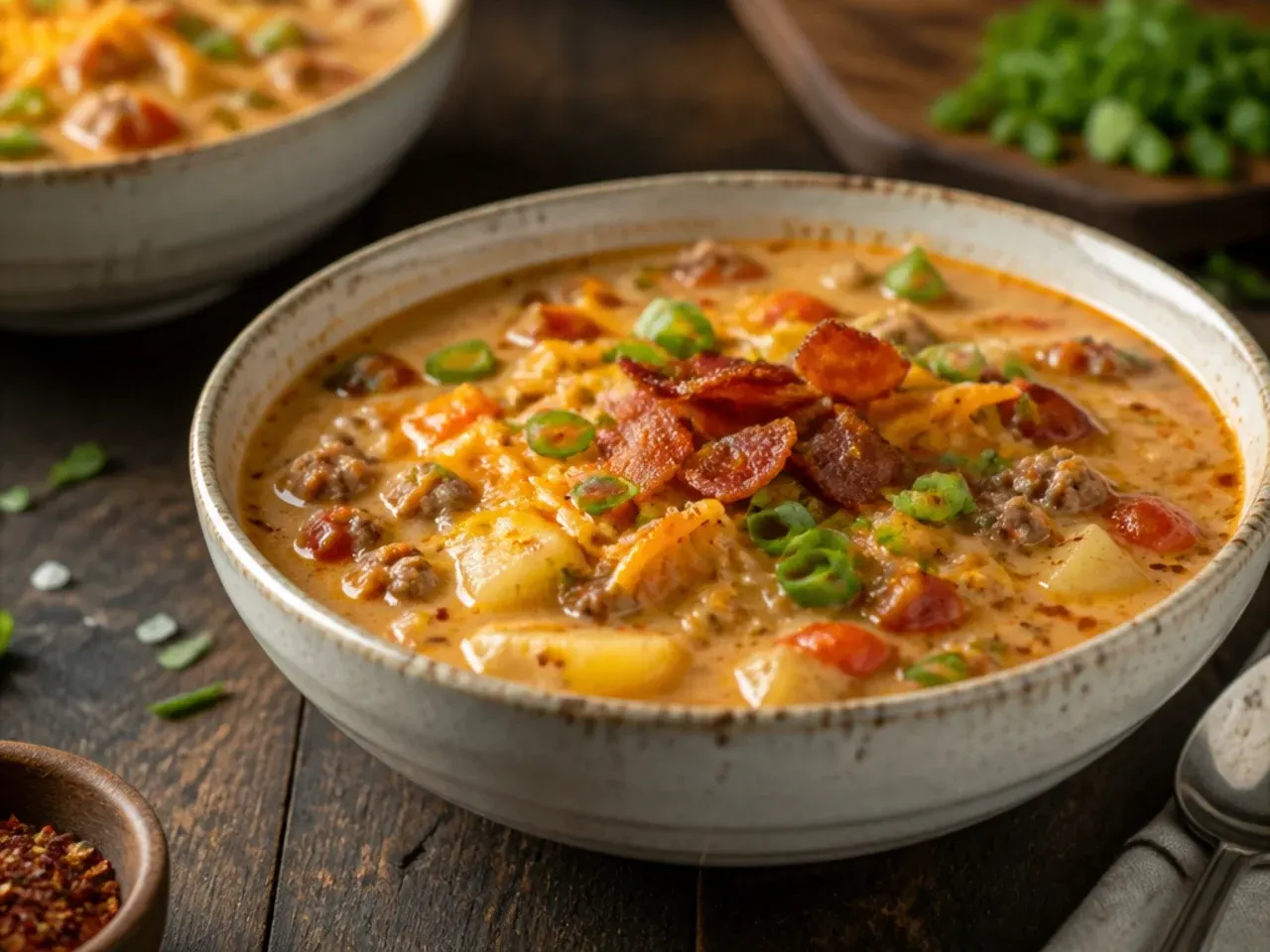 Small containers of toppings like bacon, cheese, and pickles beside a soup pot