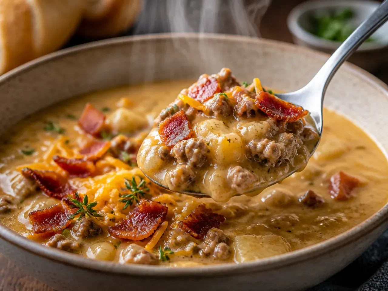 A pot of cheeseburger soup simmering on the stovetop