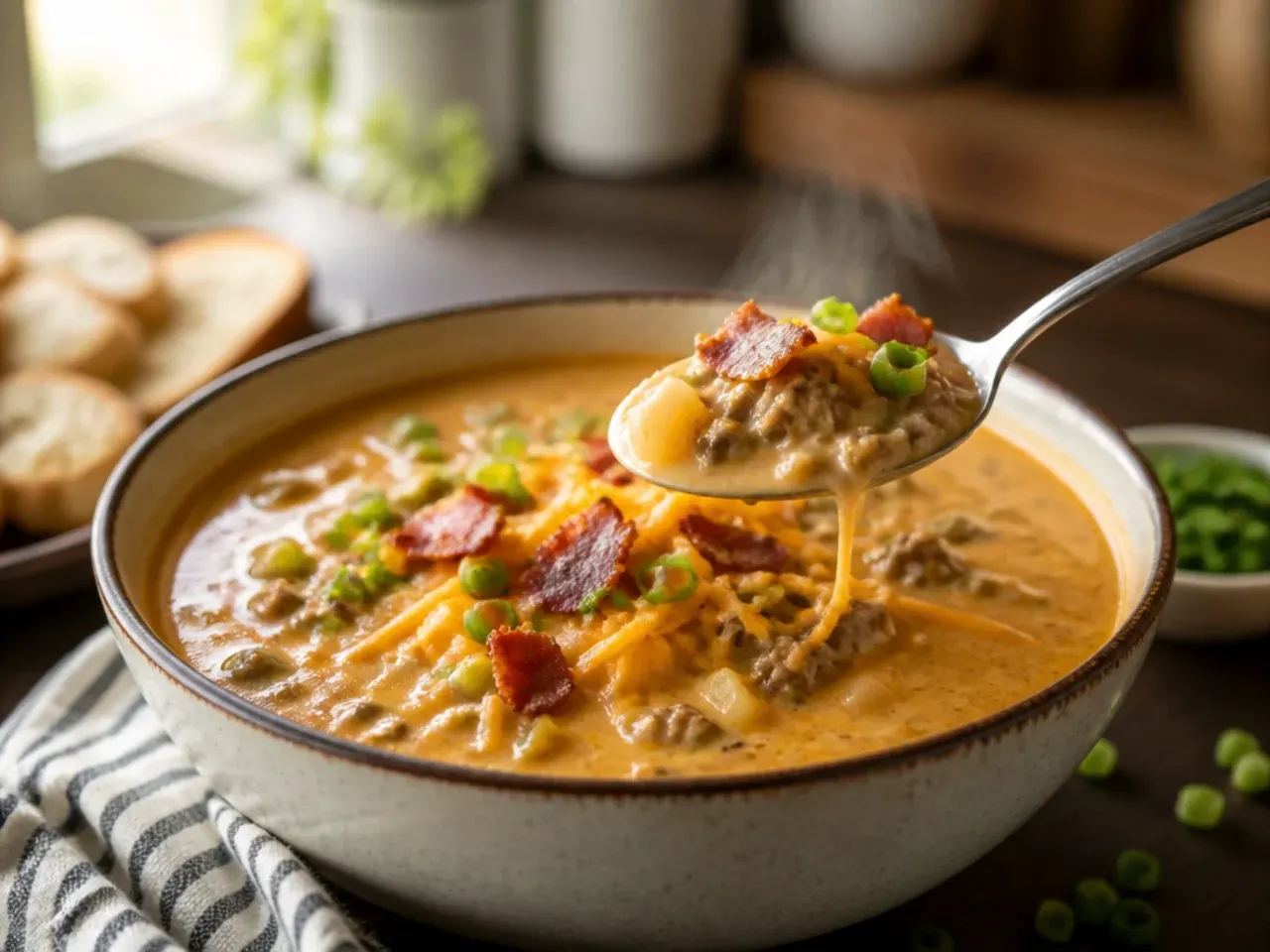 A finished bowl of cheeseburger soup ready to serve at the table