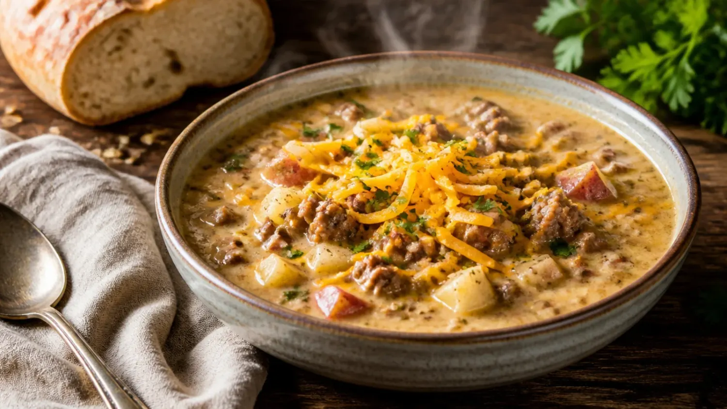 Overhead shot of a rustic pot of creamy cheeseburger soup stovetop, loaded with ground beef, potatoes and melted cheddar