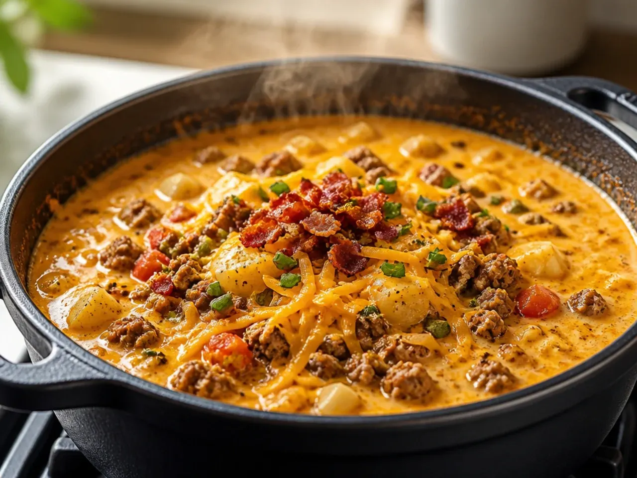 Overhead shot of a pot of creamy cheeseburger soup stovetop simmering with melted cheddar swirled through the broth