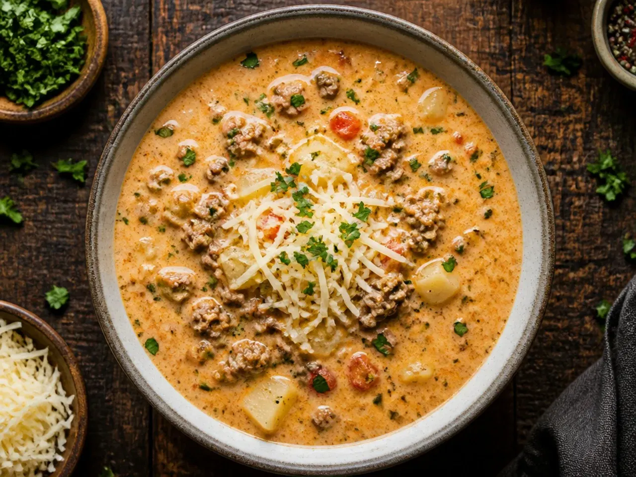 Close-up of classic diner-style cheeseburger soup in a white bowl with a spoon