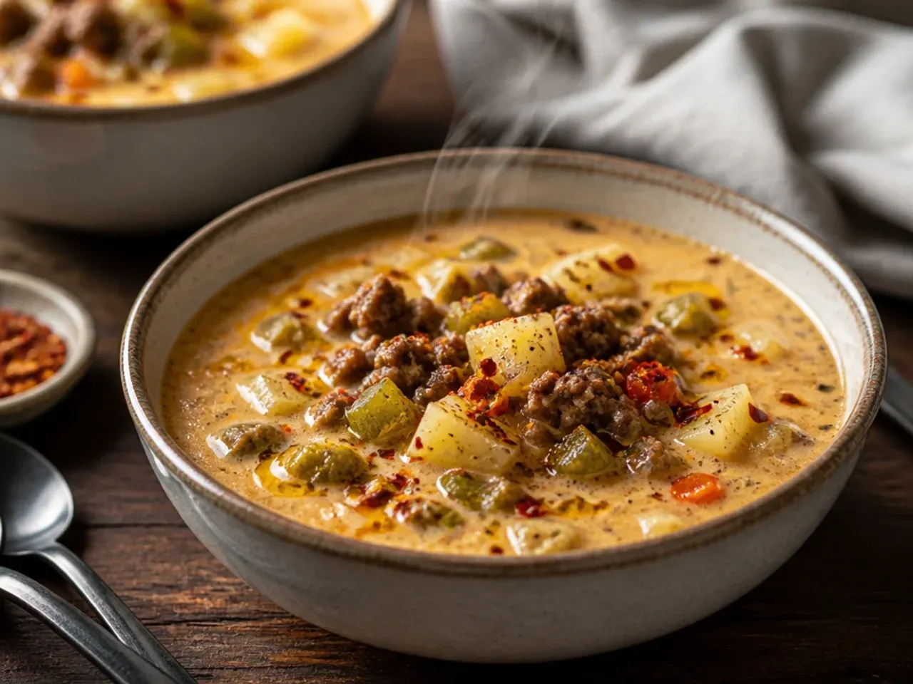 Quick weeknight cheeseburger soup made with frozen hash browns in a saucepan