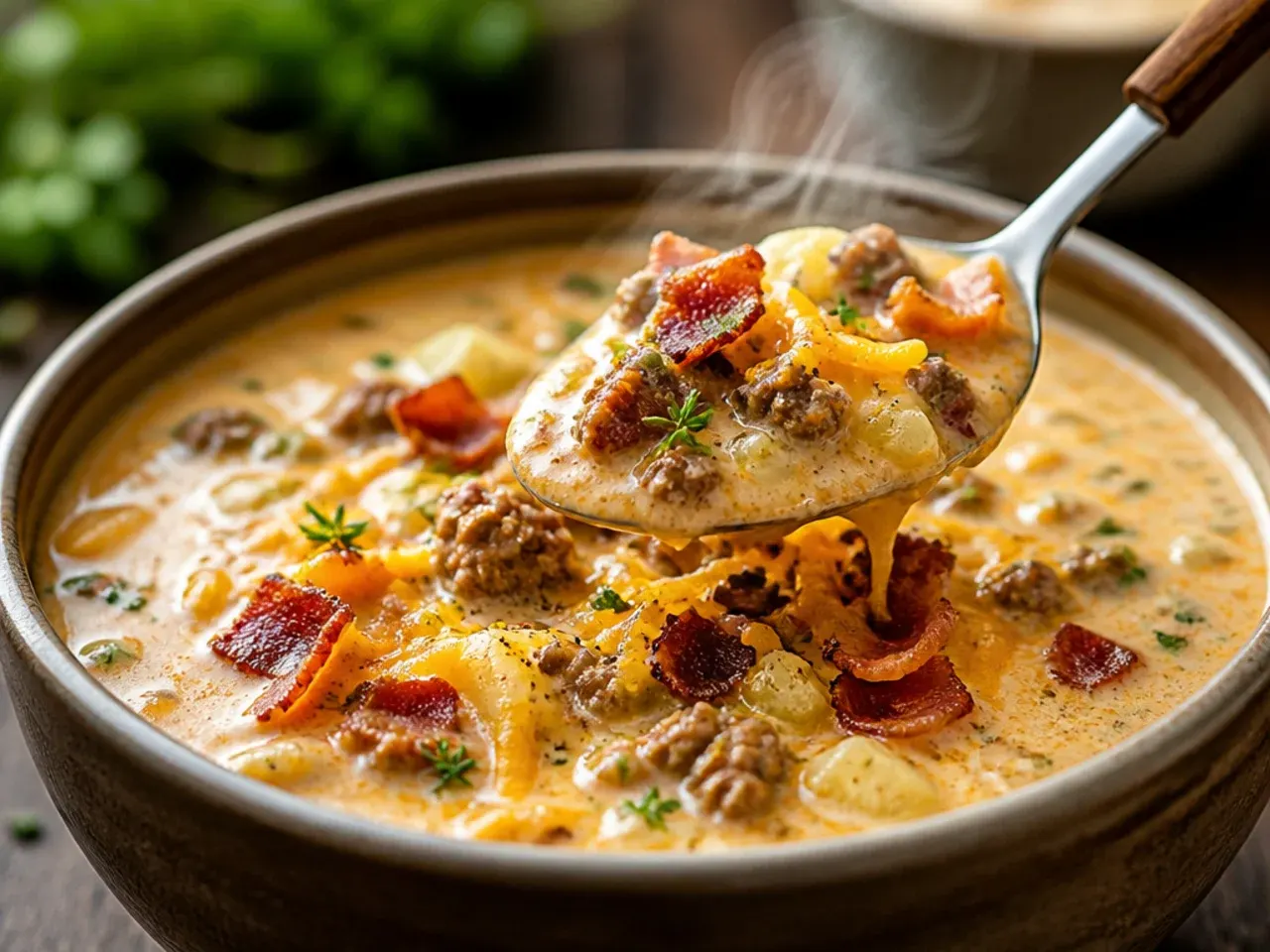 Hearty bacon cheeseburger soup topped with crispy bacon bits