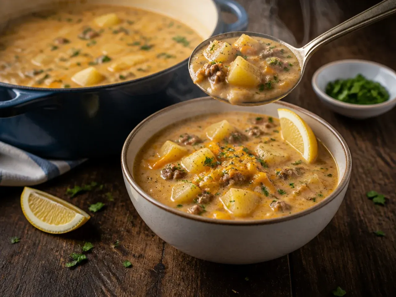 Bowl of thick, cozy potato and cheddar cheeseburger soup with steam rising
