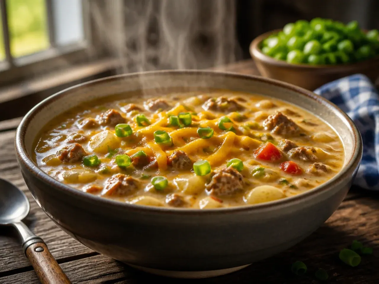 Ladle lifting extra creamy Velveeta cheeseburger soup showing its silky texture