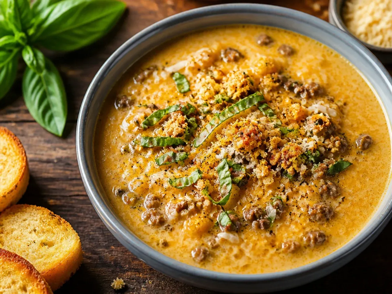 Simple five-ingredient cheeseburger soup in a rustic bowl
