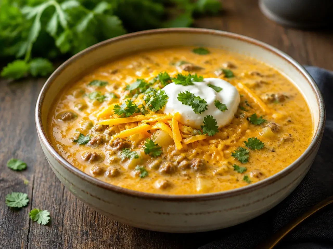 Overhead view of extra-cheesy double cheddar cheeseburger soup with cheese pull
