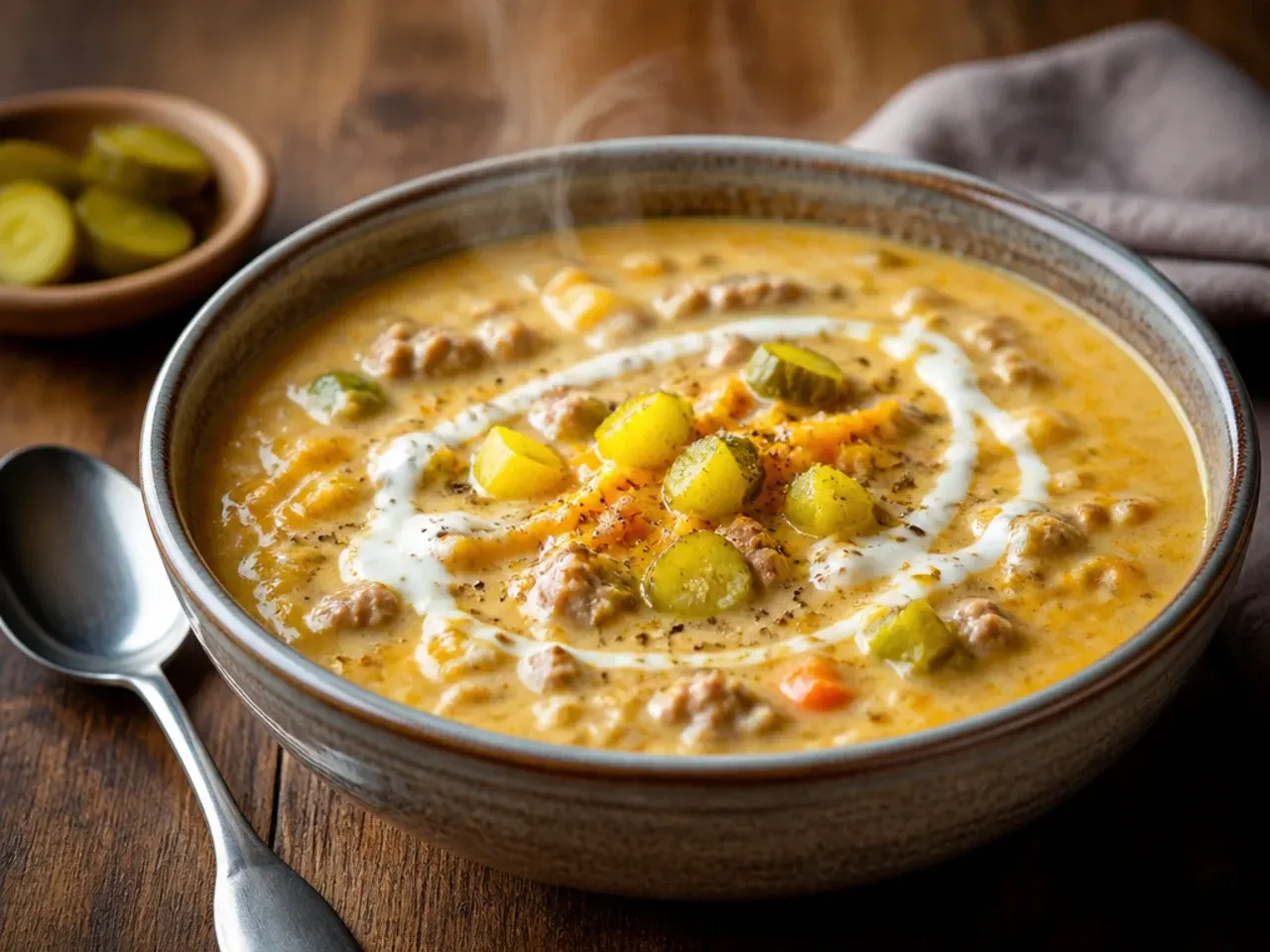 Comforting mustard and pickle cheeseburger soup garnished with diced pickle