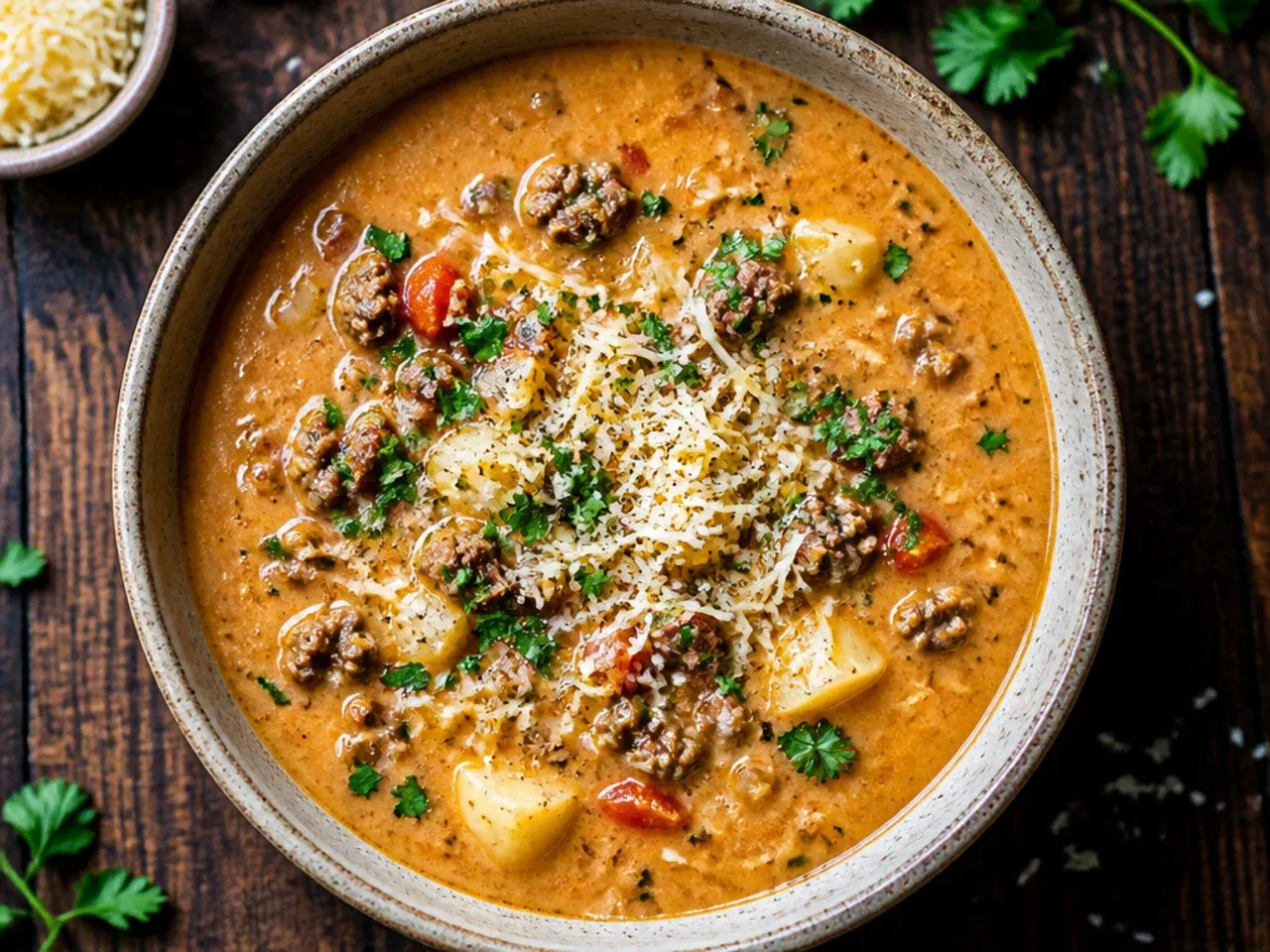 Budget-friendly cheeseburger soup made with value ingredients in a family-size pot