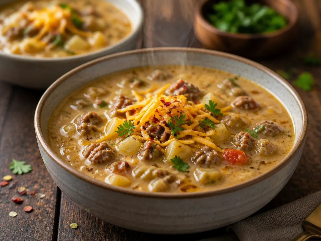 Weeknight one-pan cheeseburger soup cooked entirely in a single Dutch oven