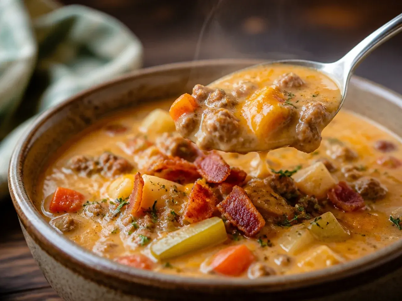 Rustic chunky vegetable cheeseburger soup with visible potato and carrot pieces