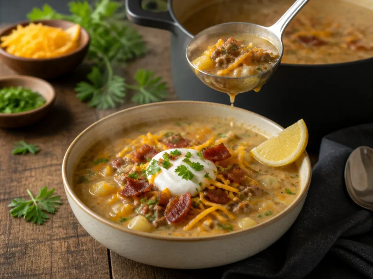 Loaded cheeseburger soup topped with bacon, sour cream, cheese and spring onion