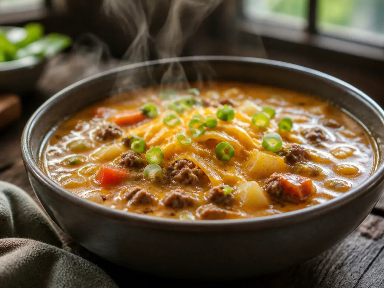 Large pot of family-size cheeseburger soup ready to serve a crowd