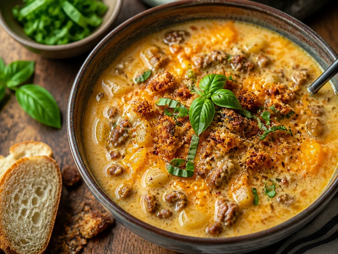 Best-ever award-winning cheeseburger soup garnished with bacon and extra cheese
