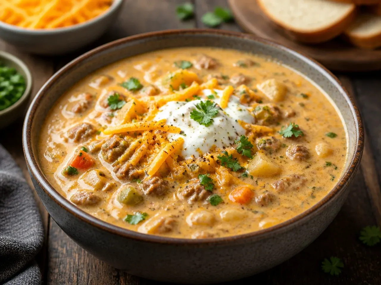 One-pot no-drain cheeseburger soup made with lean ground beef