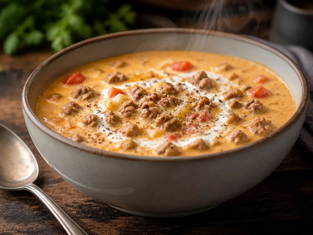 Classic ground turkey cheeseburger soup, a lighter take on the stovetop classic