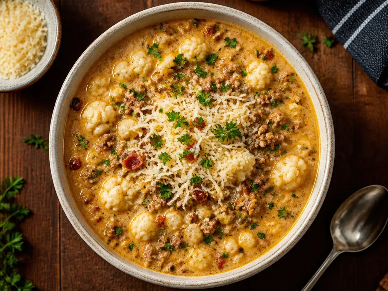 Easy low-carb cauliflower cheeseburger soup in a bowl, keto-friendly variation