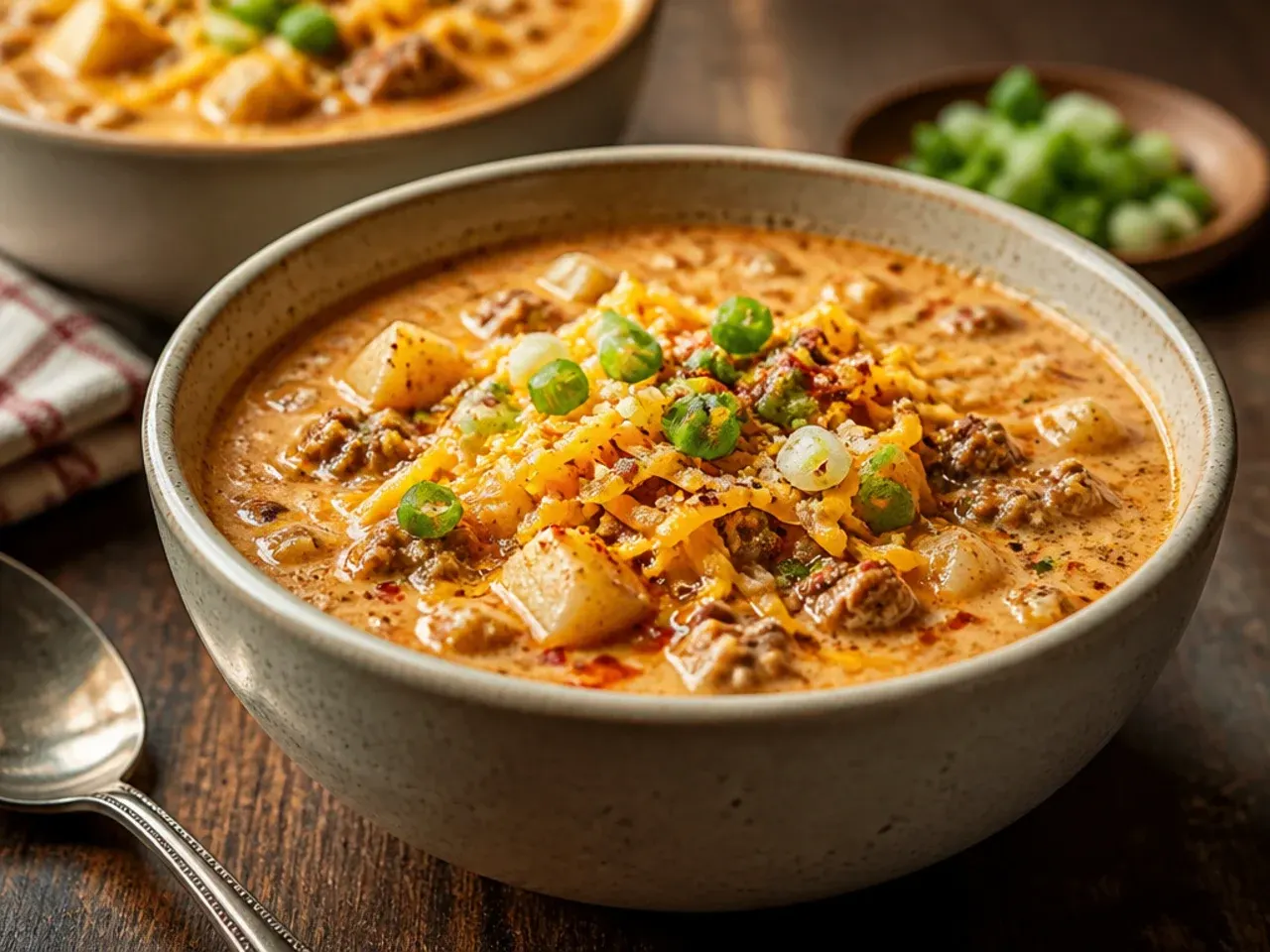 Hearty smoky paprika cheeseburger soup with a rustic, deep-orange hue