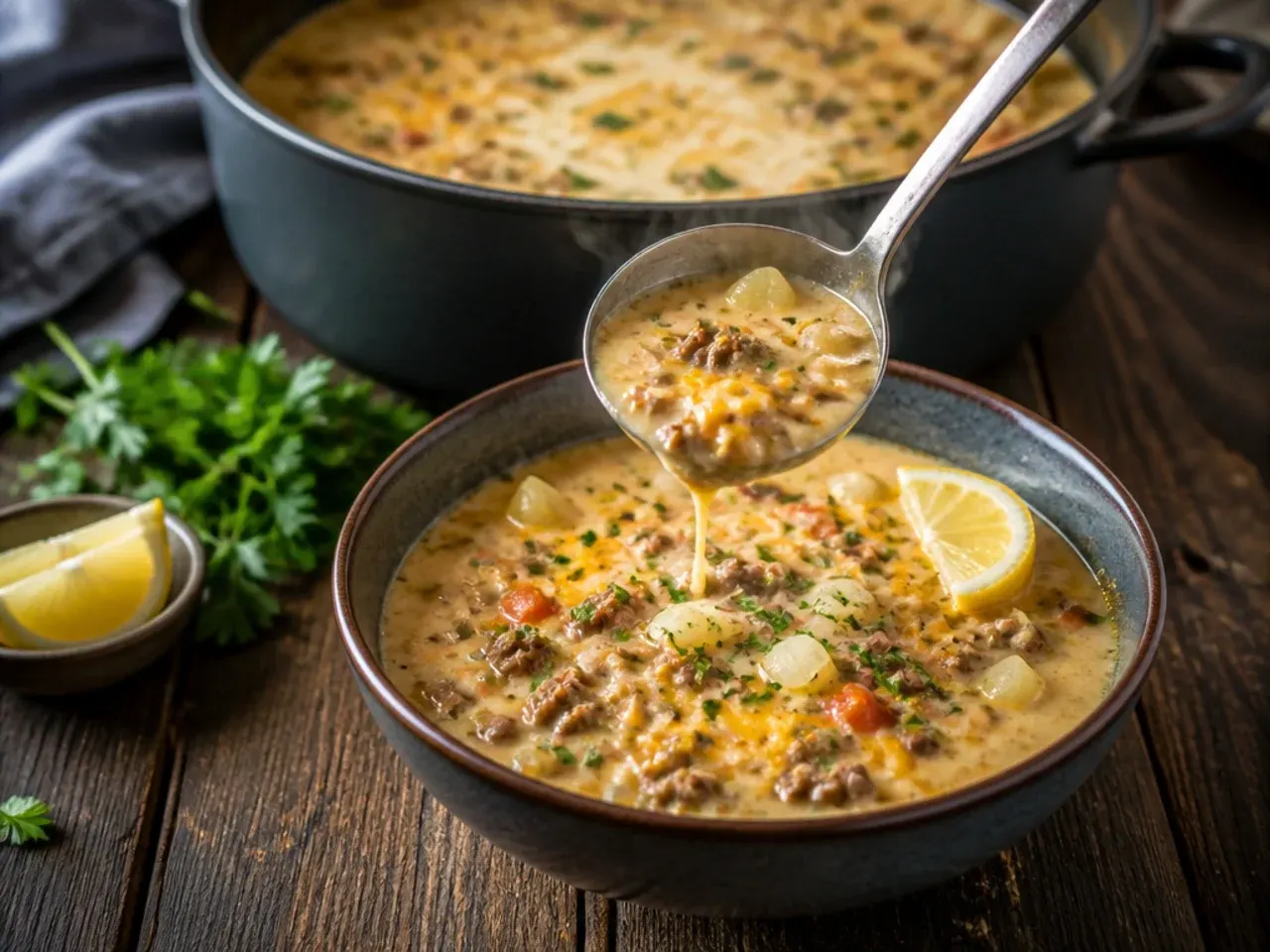 Creamy cream cheese cheeseburger soup with a rich, velvety finish