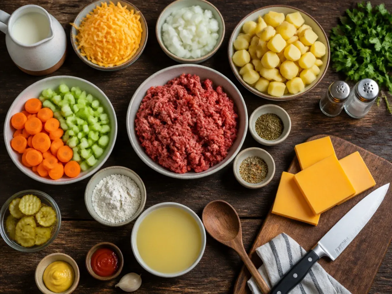 Close-up of a wooden spoon stirring melted cheese into cheeseburger soup