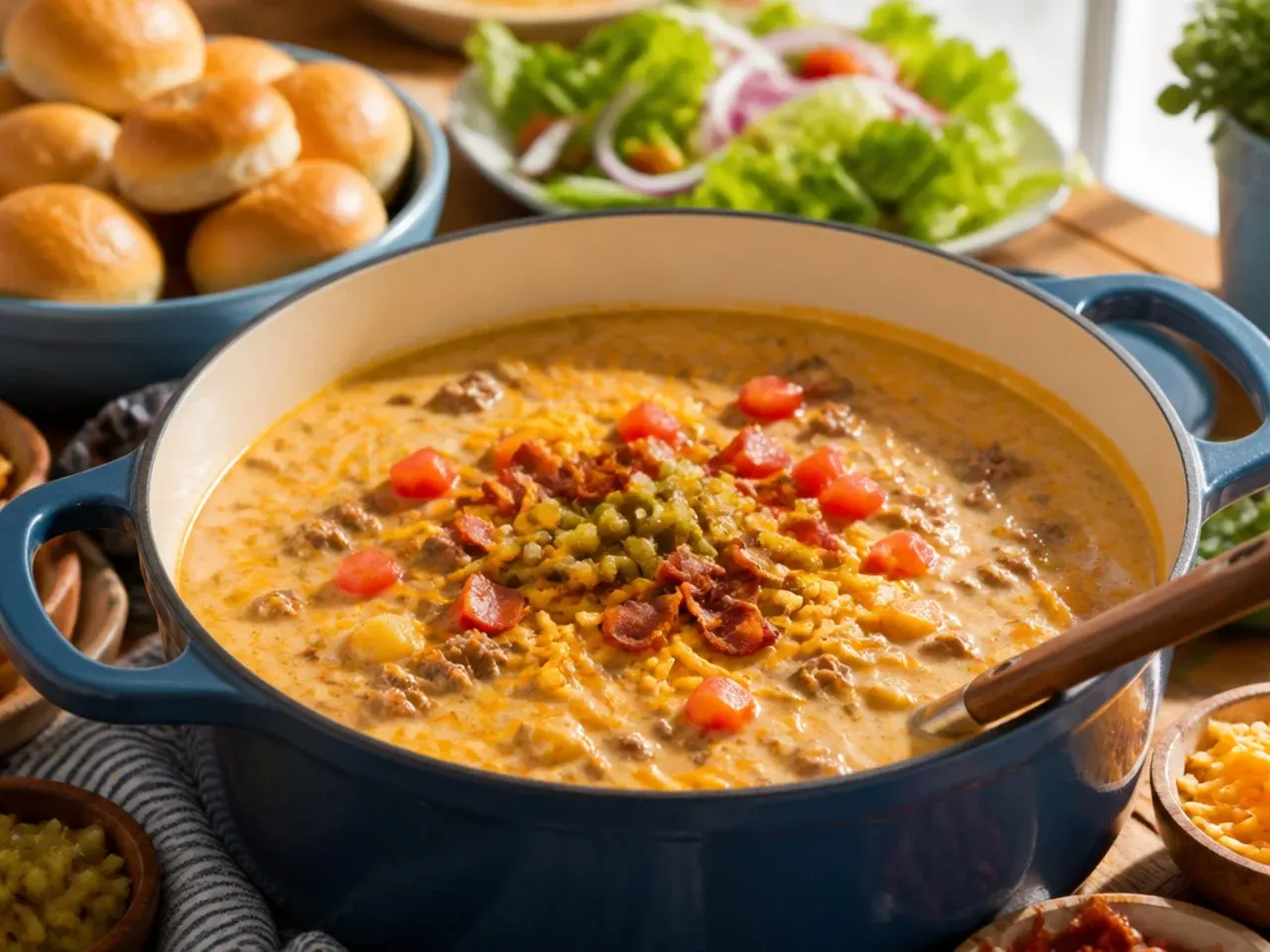 Bowl of cheeseburger soup served with toasted bread and burger-style toppings