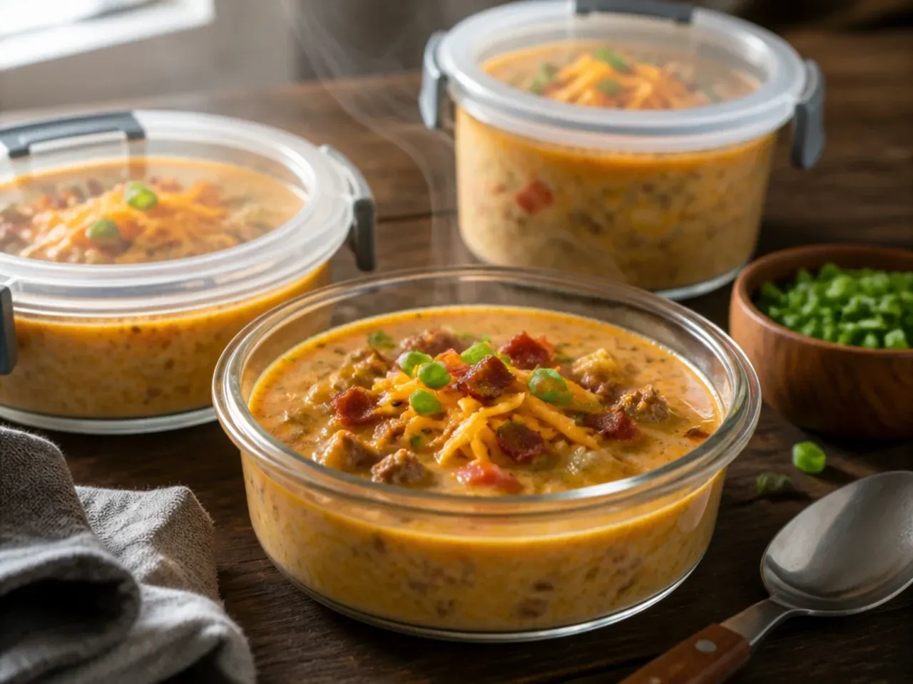 Container of leftover cheeseburger soup being stored in the fridge