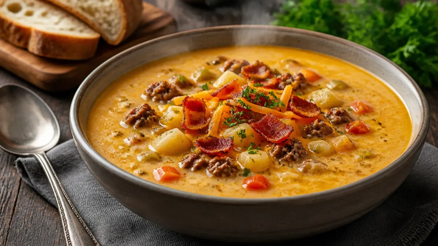 Overhead shot of a bowl of creamy cheeseburger soup with Velveeta, topped with crispy bacon, shredded cheddar and chopped dill pickles, with crusty bread on the side.