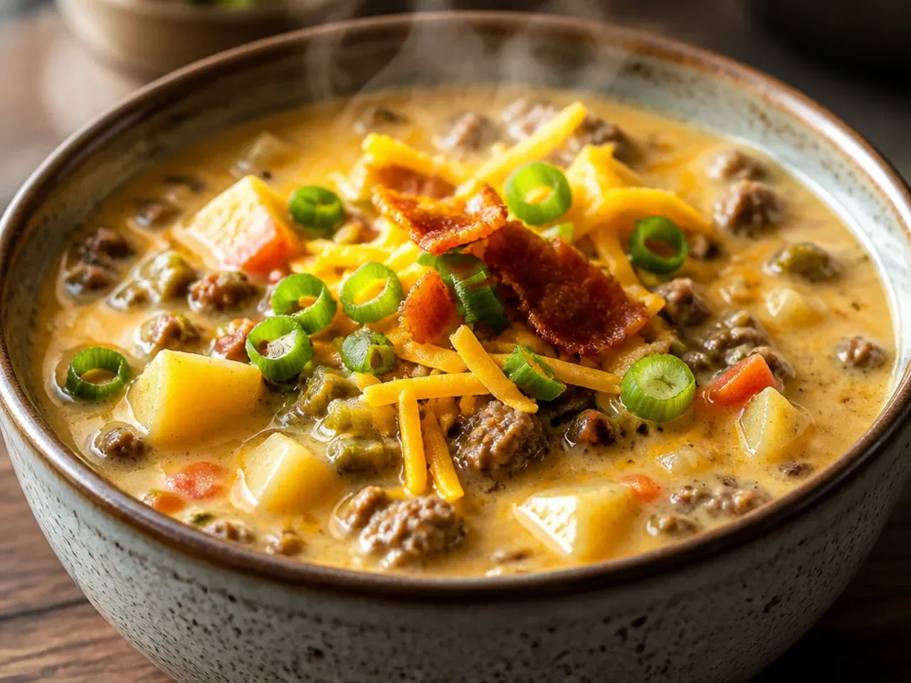 A large pot of creamy cheeseburger soup with Velveeta simmering on the stovetop, steam rising, with a wooden spoon resting on the side.